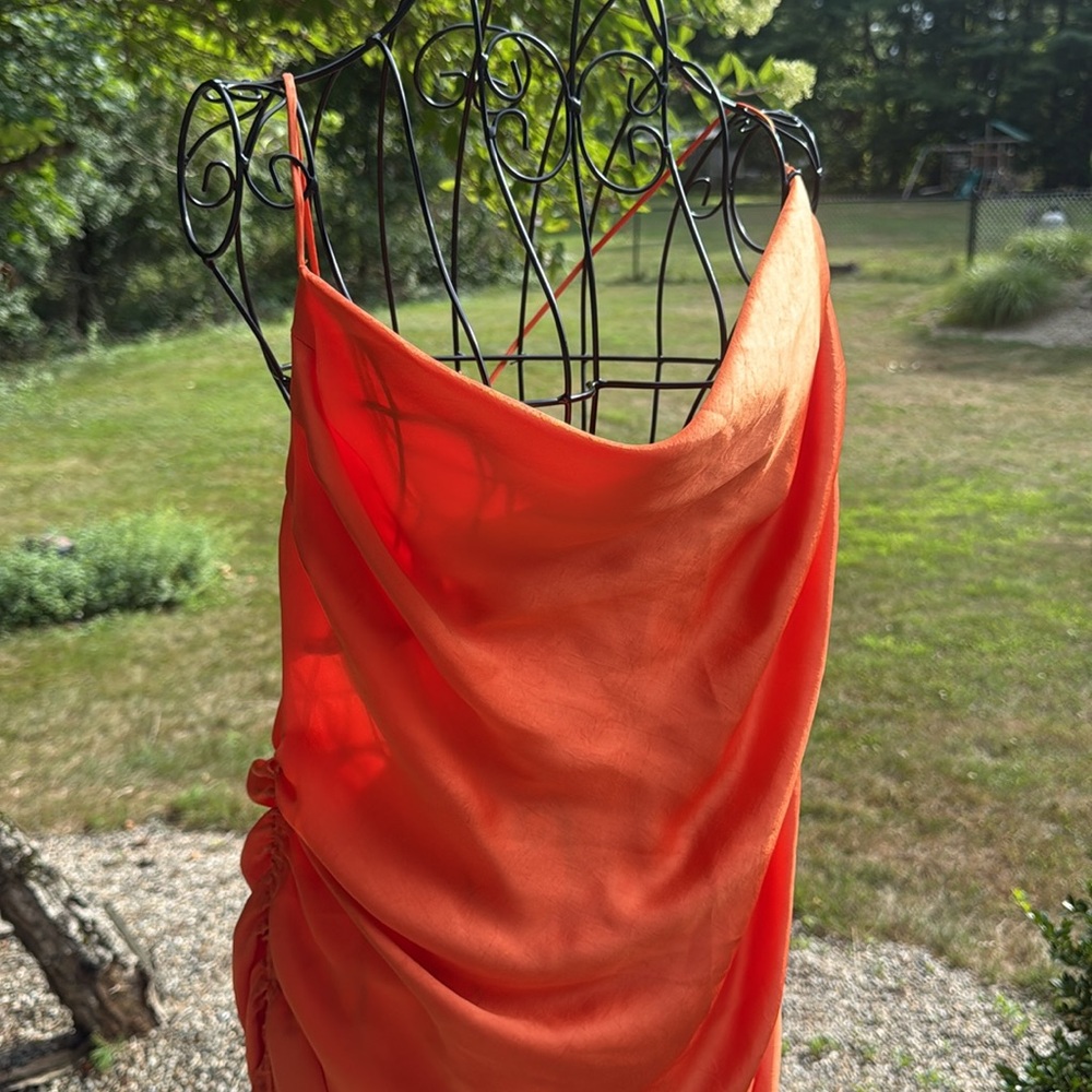Zara orange satin spaghetti strap ruched dress - Picture 2 of 4